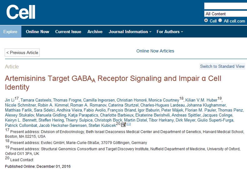 Artemisinins target GABAA Receptor signaling and impair alpha cell identity